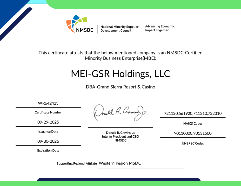 Image of NMSDC-Certified Minority Business Enterprise certificate for MEI-GSR Holdings, LLC.