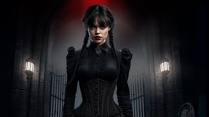 Image of character Wednesday with a dark eerie graveyard background.