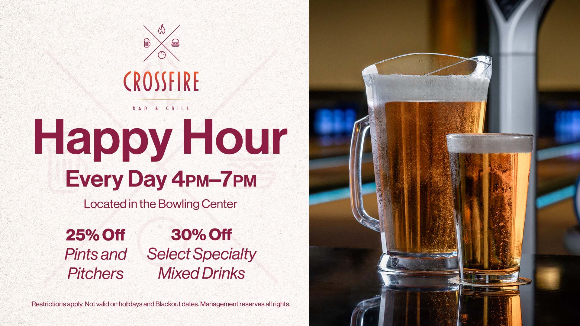 Crossfire Bar & Grill Happy Hour daily from 4pm-7pm
