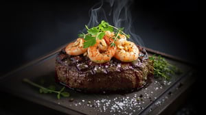 Image of the steak topped with steaming shrimp, served on a platter with herbs.