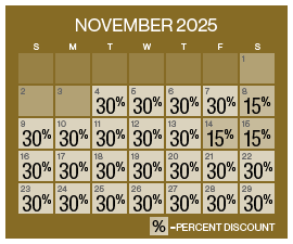 Image of discount rate calendar for Grand Sierra Resort Autumn Resort Sale in November 2025.