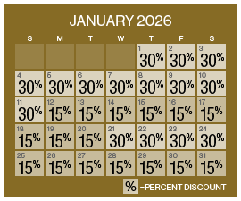 Image of discount rate calendar for Grand Sierra Resort Autumn Resort Sale in January 2026.