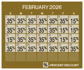 Image of discount rate calendar for Grand Sierra Resort Grand Cyber Resort Sale in February 2026.
