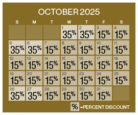 Image of discount rate calendar for Labor Day Flash Sale at GSR in October 2025.