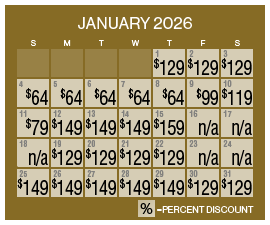Image of discount rate calendar for Grand Sierra Resort Holiday Resort Flash Sale in January 2026.