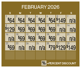 Image of discount rate calendar for Grand Sierra Resort Holiday Resort Flash Sale in February 2026.