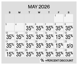 Image of discount rate calendar for Grand Sierra Resort Spring/Summer Flash Sale in May 2026.