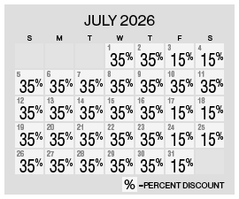 Image of discount rate calendar for Grand Sierra Resort Spring/Summer Flash Sale in July 2026.