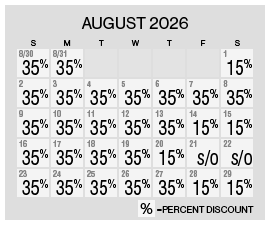 Image of discount rate calendar for Grand Sierra Resort Spring/Summer Flash Sale in August 2026.