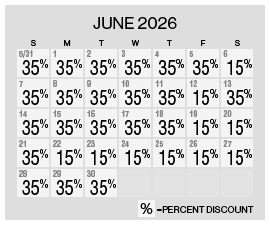 Image of June 2026 discount rate calendar for the Summer's Here Flash Sale at Grand Sierra Resort in Reno, Nevada.