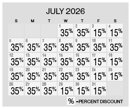 Image of July 2026 discount rate calendar for the Summer's Here Flash Sale at Grand Sierra Resort in Reno, Nevada.