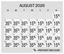 Image of August 2026 discount rate calendar for the Summer's Here Flash Sale at Grand Sierra Resort in Reno, Nevada.