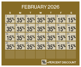 Image of discount rate calendar for Grand Sierra Resort ‌Plan for Vacation Sale in February 2026.