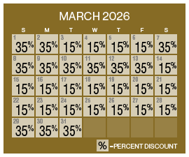 Image of discount rate calendar for Grand Sierra Resort ‌Plan for Vacation Sale in March 2026.