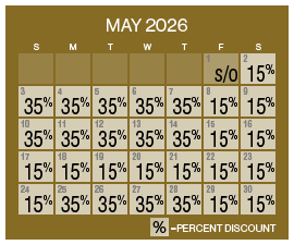 Image of discount rate calendar for Grand Sierra Resort ‌Plan for Vacation Sale in May 2026.