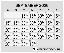 Image of discount rate calendar for Grand Sierra Resort Fall Resort Getaway Sale in September 2026.