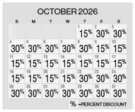 Image of discount rate calendar for Grand Sierra Resort Fall Resort Getaway Sale in October 2026.