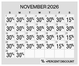 Image of discount rate calendar for Grand Sierra Resort Fall Resort Getaway Sale in November 2026.