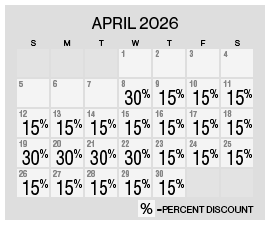 Image of discount rate calendar for Grand Sierra Resort Spring/Summer Resort Getaway Sale in April 2026.
