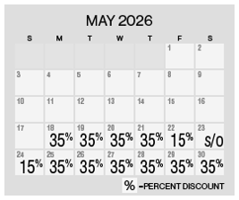 Image of discount rate calendar for Grand Sierra Resort Spring/Summer Resort Getaway Sale in May 2026.