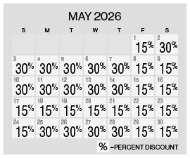 Image of discount rate calendar for Grand Sierra Resort Spring/Summer Resort Getaway Sale in May 2026.