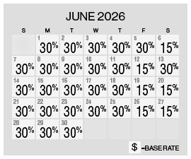Image of discount rate calendar for Grand Sierra Resort Summer Resort Getaway Sale in June 2026.