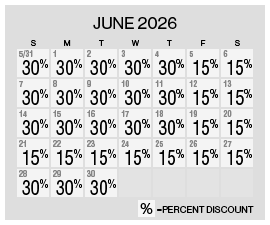 Image of discount rate calendar for Grand Sierra Resort Spring/Summer Resort Getaway Sale in June 2026.