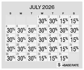 Image of discount rate calendar for Grand Sierra Resort Summer Resort Getaway Sale in July 2026.