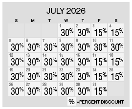 Image of discount rate calendar for Grand Sierra Resort Spring/Summer Resort Getaway Sale in July 2026.