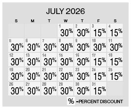 Image of discount rate calendar for Grand Sierra Resort Spring/Summer Resort Getaway Sale in July 2026.