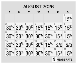 Image of discount rate calendar for Grand Sierra Resort Summer Resort Getaway Sale in August 2026.