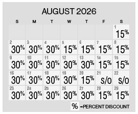 Image of discount rate calendar for Grand Sierra Resort Spring/Summer Resort Getaway Sale in August 2026.