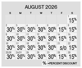 Image of discount rate calendar for Grand Sierra Resort Spring/Summer Resort Getaway Sale in August 2026.