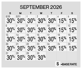 Image of discount rate calendar for Grand Sierra Resort Summer Resort Getaway Sale in September 2026.