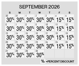 Image of discount rate calendar for Grand Sierra Resort Spring/Summer Resort Getaway Sale in September 2026.