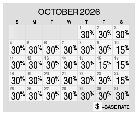 Image of discount rate calendar for Grand Sierra Resort Summer Resort Getaway Sale in October 2026.