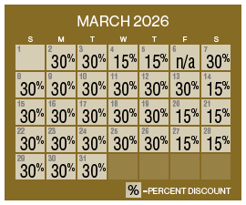 Image of discount rate calendar for Grand Sierra Resort Spring/Summer Resort Getaway Sale in March 2026.
