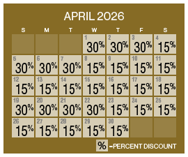 Image of discount rate calendar for Grand Sierra Resort Spring/Summer Resort Getaway Sale in April 2026.