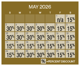 Image of discount rate calendar for Grand Sierra Resort Spring/Summer Resort Getaway Sale in May 2026.