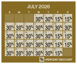 Image of discount rate calendar for Grand Sierra Resort Spring/Summer Resort Getaway Sale in July 2026.