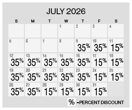 Image of July 2026 discount rate calendar for the Summer's Here Flash Sale at Grand Sierra Resort in Reno, Nevada.