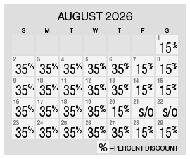 Image of August 2026 discount rate calendar for the Summer's Here Flash Sale at Grand Sierra Resort in Reno, Nevada.