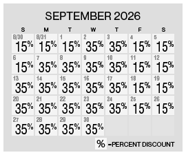 Image of September 2026 discount rate calendar for the Summer's Here Flash Sale at Grand Sierra Resort in Reno, Nevada.