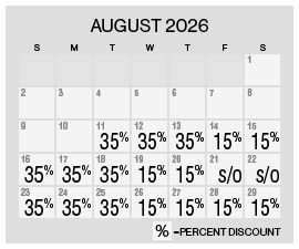 Image of discount rate calendar for Grand Sierra Resort Year-End Flash Sale in August 2026.