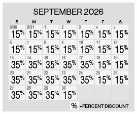 Image of discount rate calendar for Grand Sierra Resort Year-End Flash Sale in September 2026.
