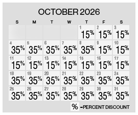 Image of discount rate calendar for Grand Sierra Resort Year-End Flash Sale in October 2026.