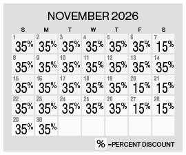 Image of discount rate calendar for Grand Sierra Resort Year-End Flash Sale in November 2026.