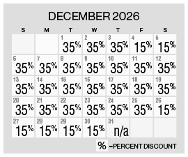 Image of discount rate calendar for Grand Sierra Resort Year-End Flash Sale in December 2026.