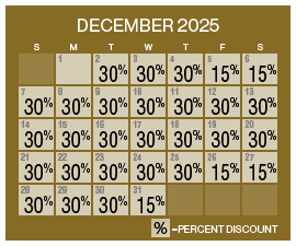 Image of discount rate calendar for Grand Sierra Resort Winter Resort Sale in December 2025.