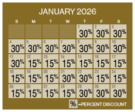 Image of discount rate calendar for Grand Sierra Resort Winter Resort Sale in January 2026.